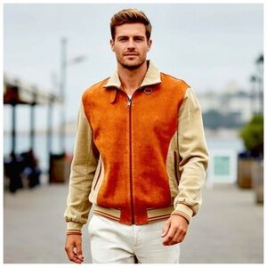 Bijan Men’s Vintage Leather Bomber Jacket. Orange/Brown, Tan. Size 56